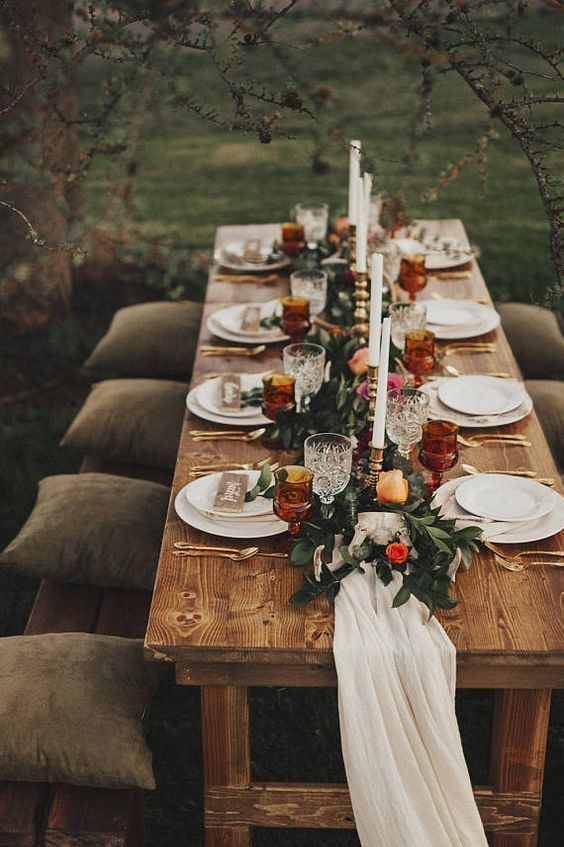 rust glasses greenery centerpieces and tableware for neutral fall wedding colors brown rust and yellow