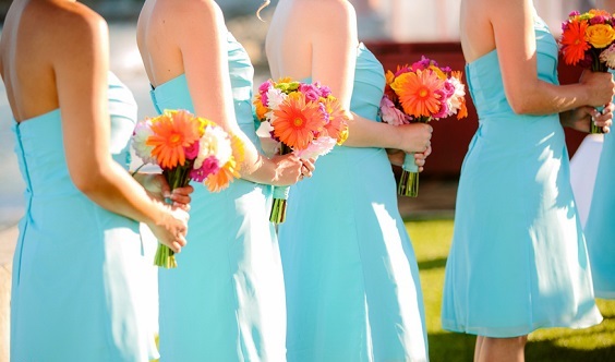 turquoise bridesmaid dresses orange bouquets for turquoise orange beach wedding colors 2020