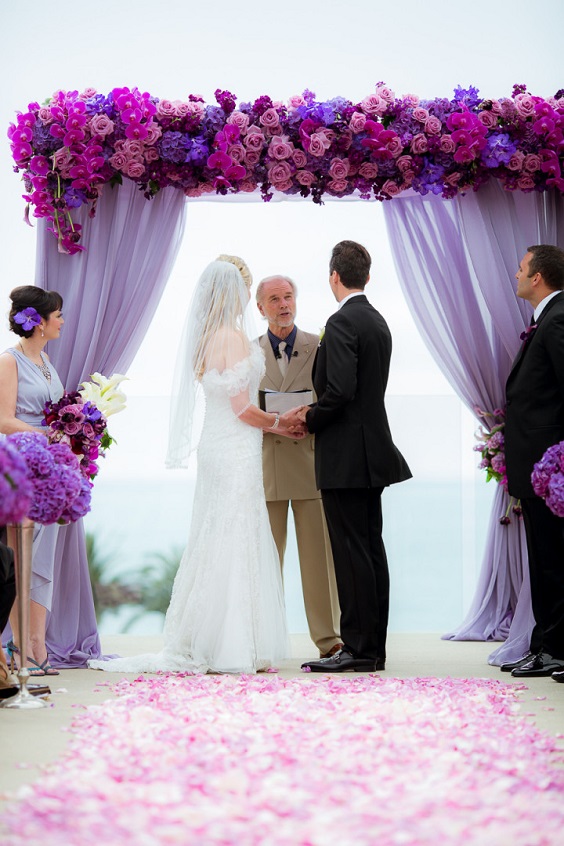 purple and lilac ceremony arch for purple lilac beach wedding colors 2020