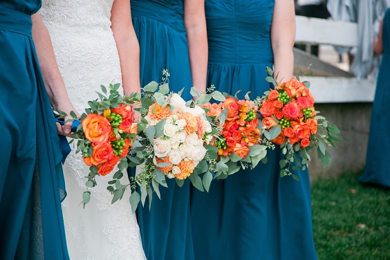 teal bridesmaid dresses orange bouquets for teal orange teal fall wedding colors