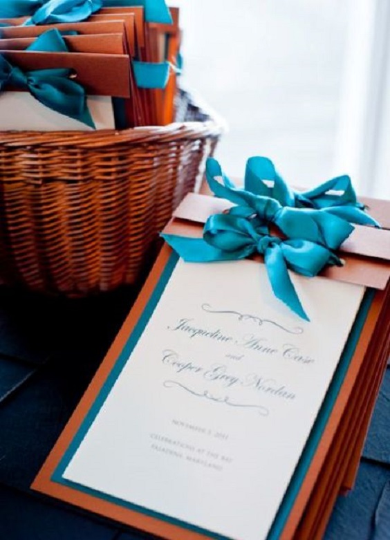 teal and copper ceremony programs with bows for teal teal fall wedding colors