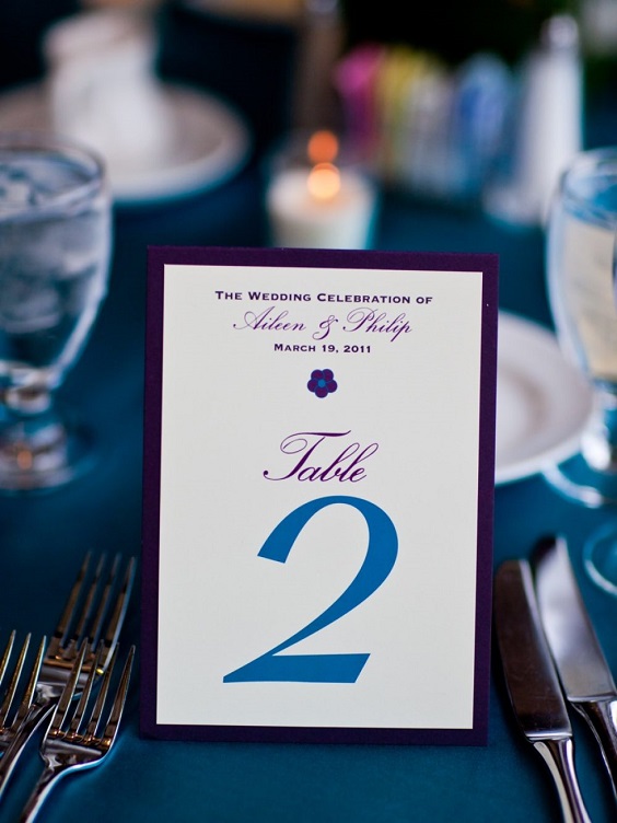 purple and white table number for purple white teal fall wedding colors
