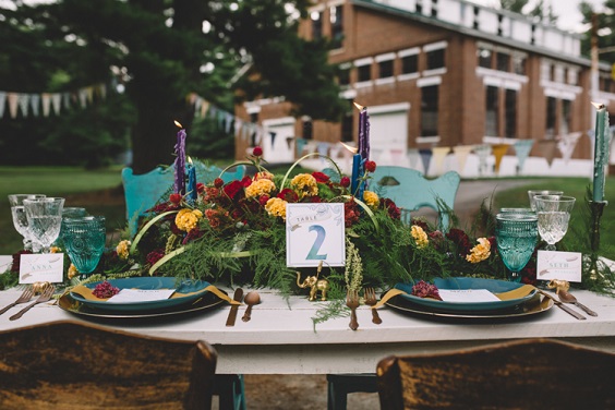 green red yellow table garland and table number for green red yellow teal fall wedding colors