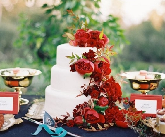 white wedding cakes and red cake topper for white red teal teal fall wedding colors