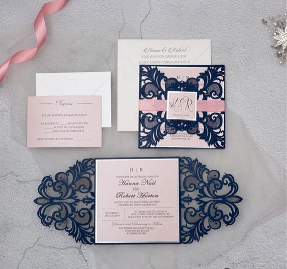 navy blue and rose gold wedding invitation for elegant rose gold and navy blue wedding