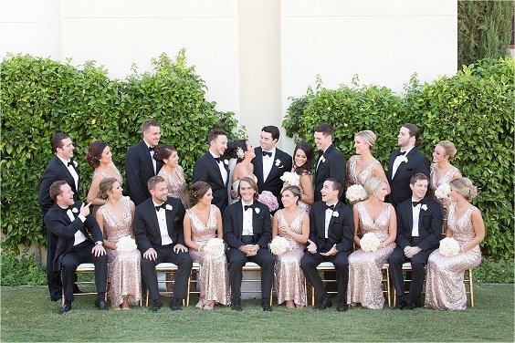 rose gold bridesmaid dresses and navy groomsmen attire for elegant rose gold and navy blue wedding