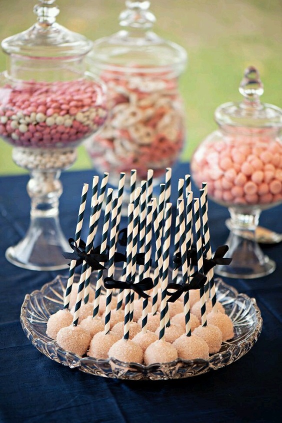 rose gold wedding desserts and navy blue table cloth for elegant rose gold and navy blue wedding