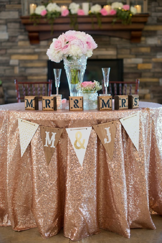rose gold wedding table cloth and navy table decorations for rustic rose gold and navy blue wedding