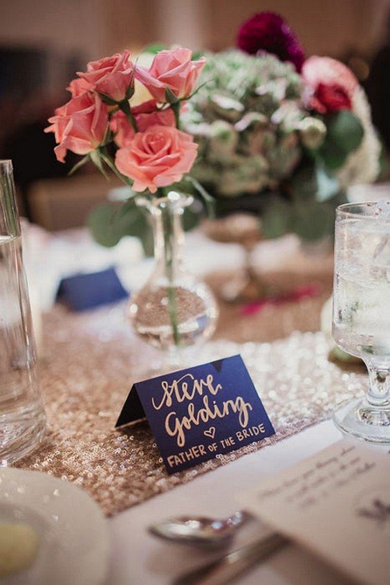 navy place card and rose gold wedding table cloth for summer rose gold and navy blue wedding
