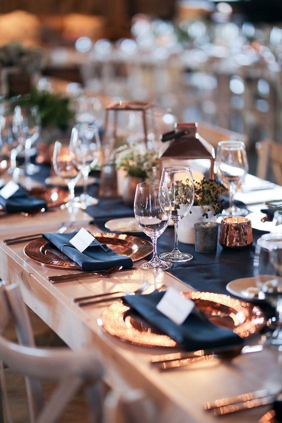 rose gold and navy blue wedding table setting for fall rose gold and navy blue wedding