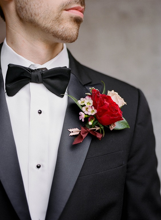 black men suit white shirt red boutonniere black bowtie for black white red wedding color