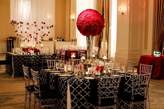 black table cloth red flowers centerpieces for black wihte red wedding color