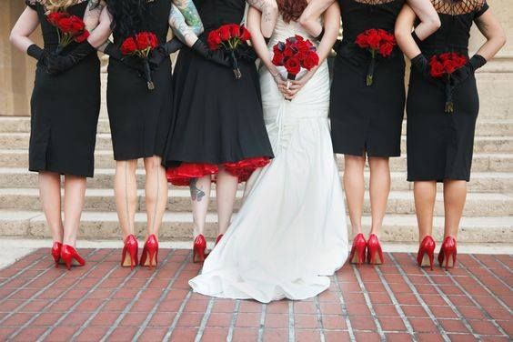 white bridal gown black bridesmaid dresses red bouquets red shoes for black white red wedding color