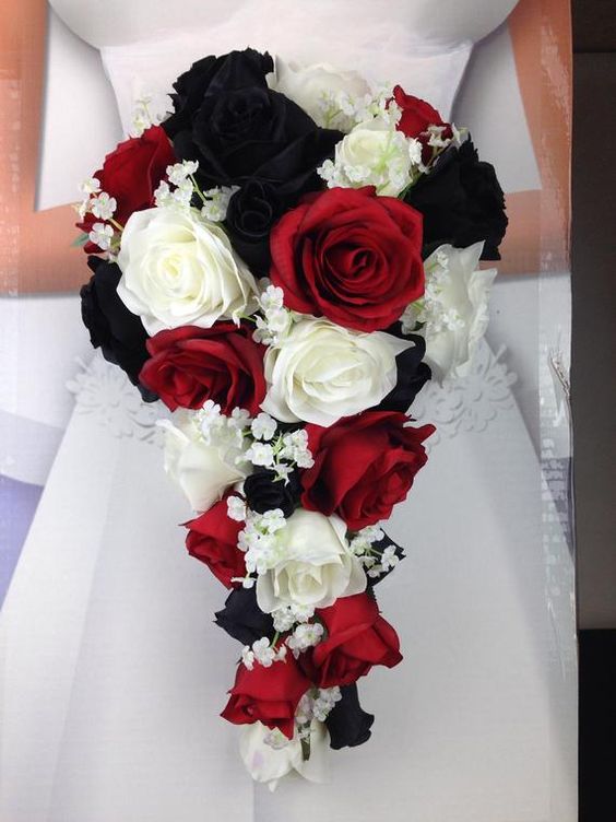 white bridal gown white black red bouquets for black white red wedding color