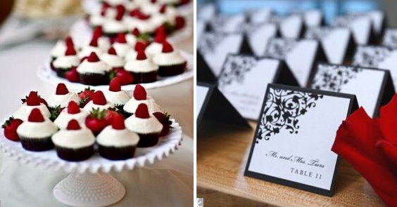 white cupcake with red berry black and white wedding invites for black wihte red wedding color