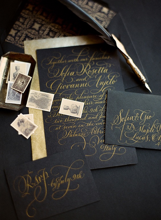 black and gold wedding stationery suite with calligraphy for black wihte gold wedding color