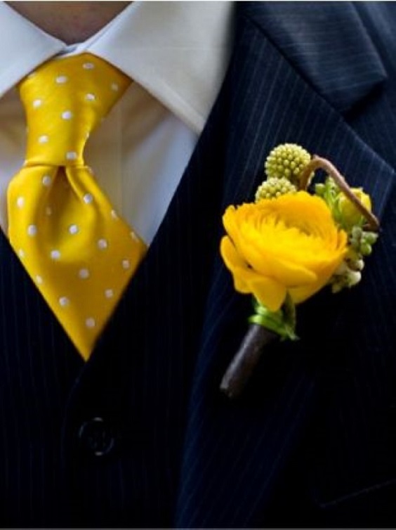 black men suit white shirt yellow boutonniere and tie for black white yellow wedding color