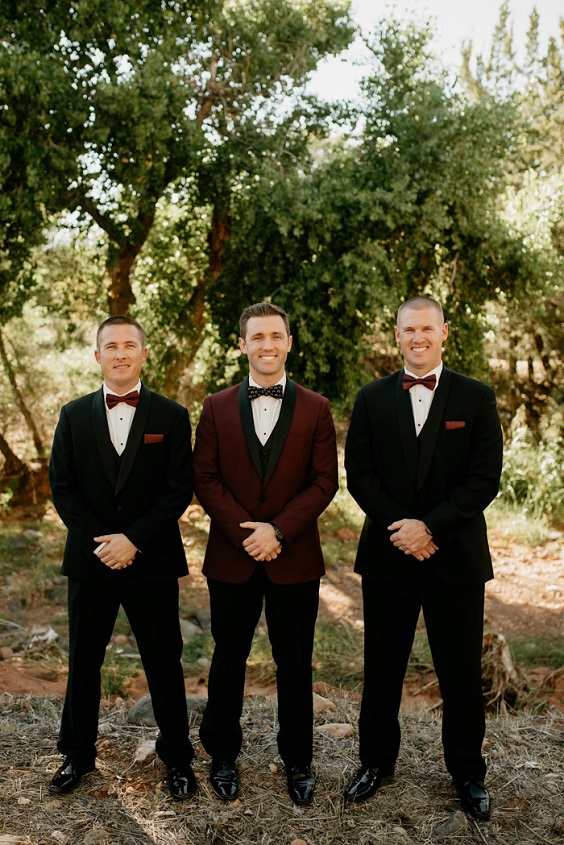 groom burgundy suit groomsmen black suit with burgundy bowtie for black white burgundy wedding color