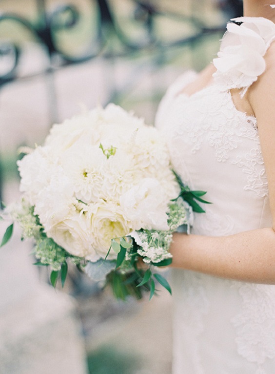 white bridal gown white bouquets for black white purple wedding color