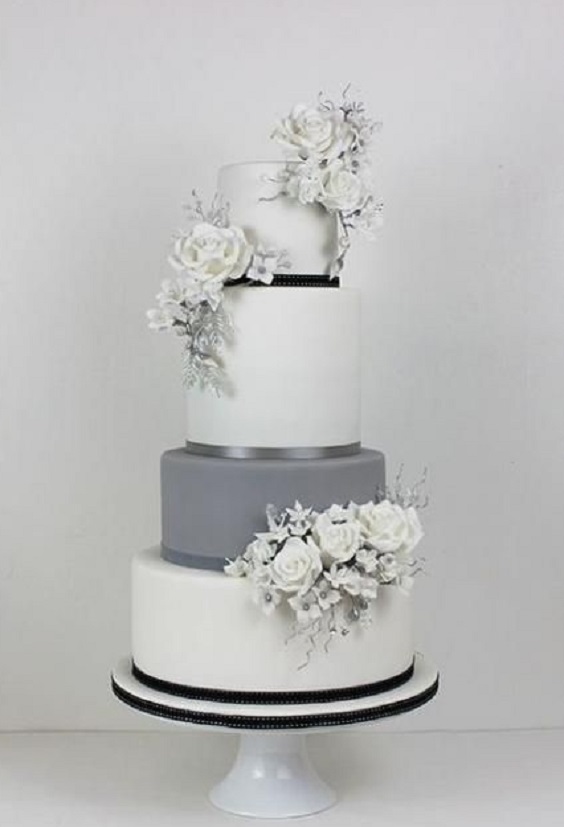 white and grey wedding cake with black strips for black white grey wedding color