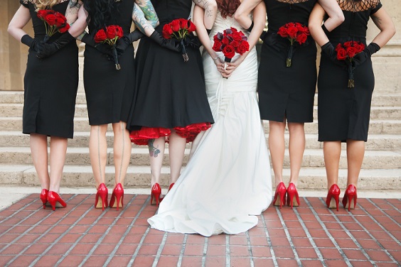black bridesmaid dresses with red bouquets and red shoes for red and black wedding colors red black and white