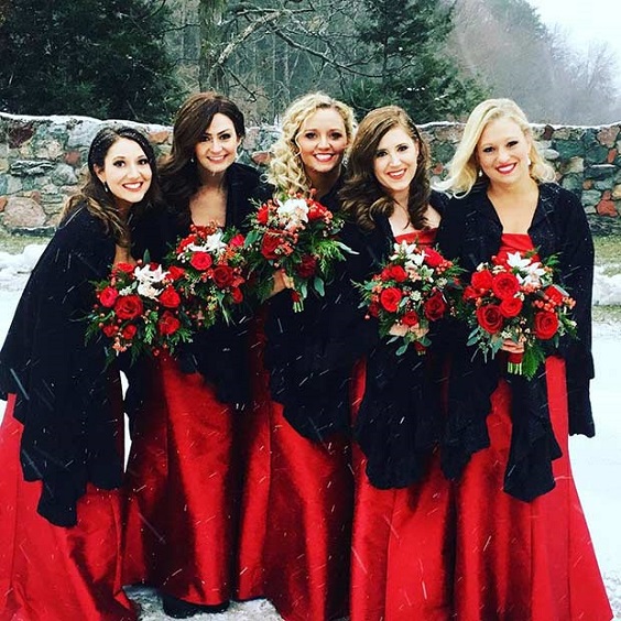 red bridesmaid dresses with black wraps for red and black wedding colors red black and green