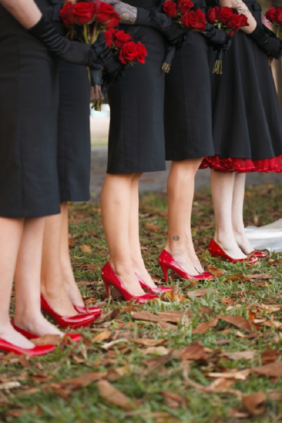 black bridesmaid dresses and red wedding shoes for red and black wedding colors red black and gold