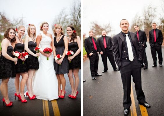 black bridesmaid dresses and mens suit with red tie for red and black wedding colors red black and silver