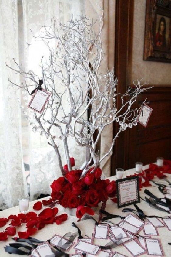red flower and silver branch decoration for red and black wedding colors red black and silver