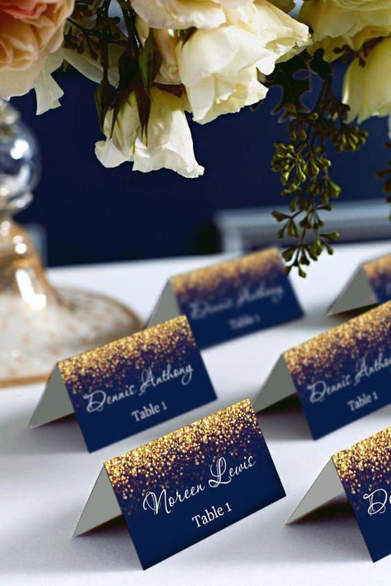 navy blue and gold name cards for navy gold and ivory wedding color combo