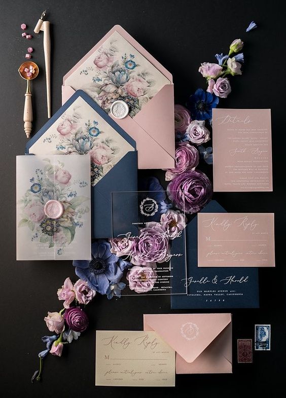 navy blue and mauve wedding invitation set for navy gold and mauve wedding color combo