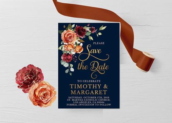 navy blue and rust wedding invitation for navy gold and rust wedding color combo