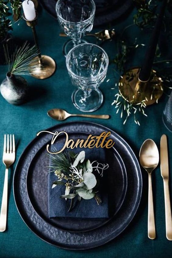 navy blue and teal tablescape for navy gold and dark teal wedding color combo