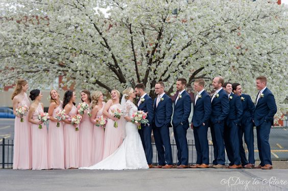 navy blue mens suit and blush bridesmaid dresses for navy gold and blush wedding color combo