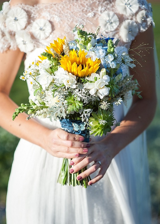 blue yellow white wedding bouquets
