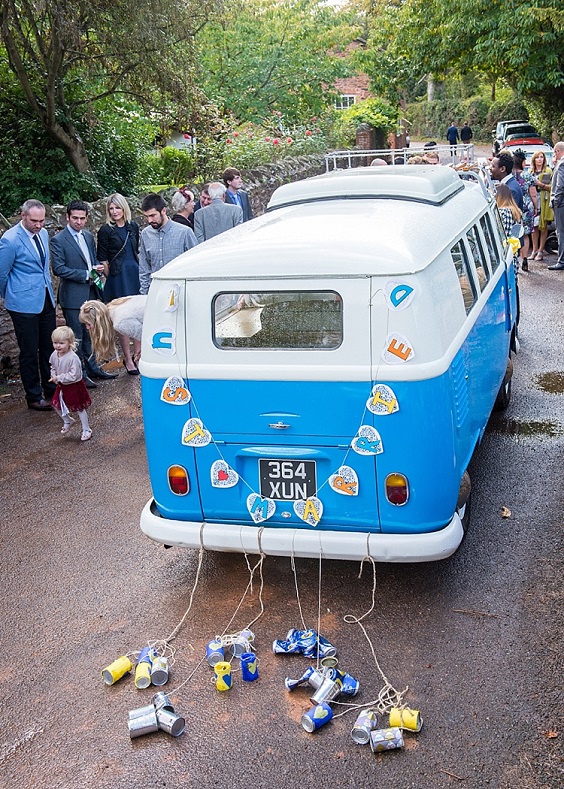 bus with blue yellow wedding cans