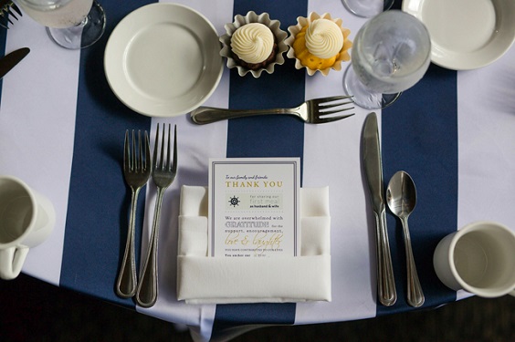 navy blue table cloth and thank you notes