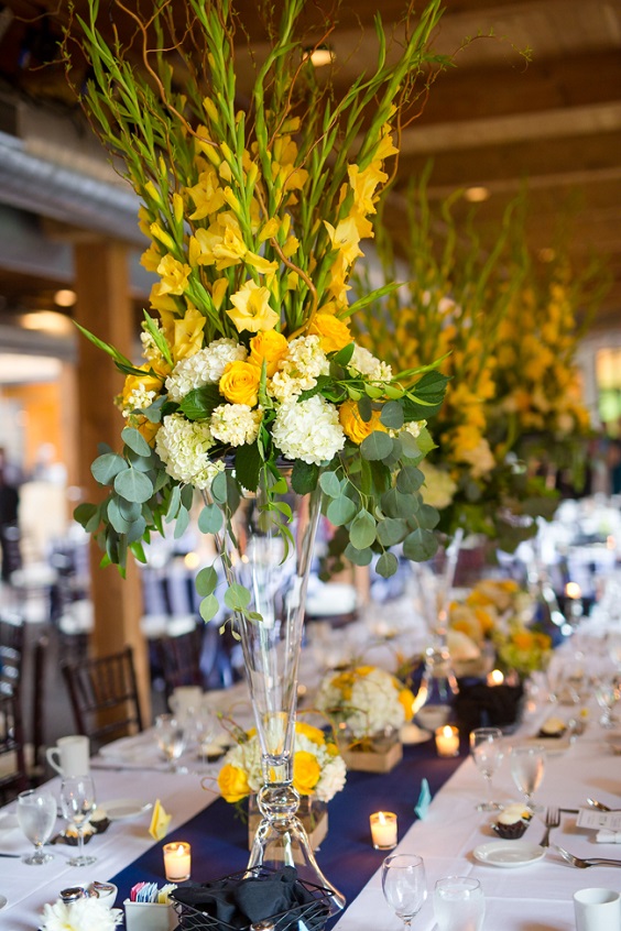 navy blue yellow wedding table garland