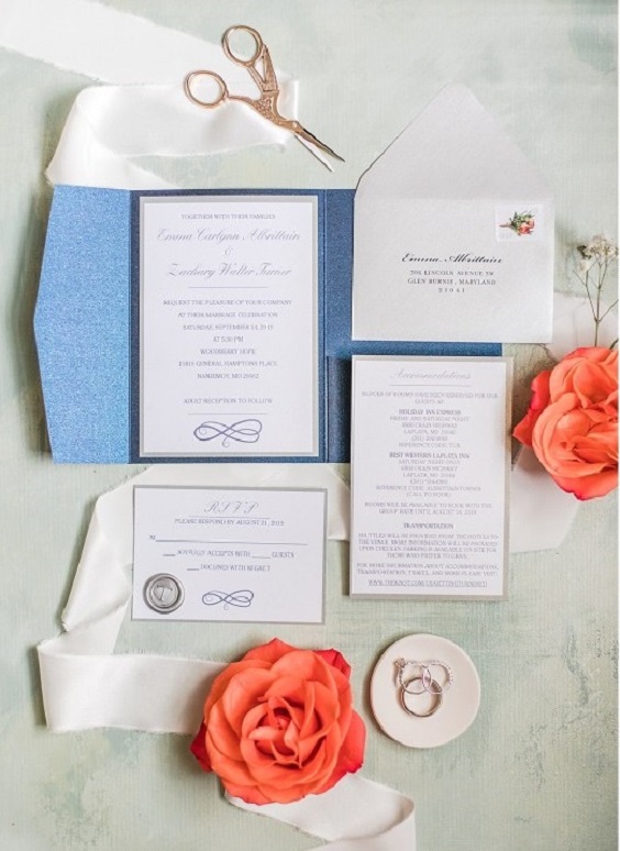 navy blue wedding invites with coral flower decoration for navy blue and coral wedding color beach