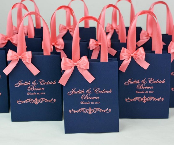 navy blue wedding favor with coral sash for navy blue and coral wedding color navy coral outdoor