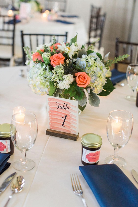 navy napkin coral table number and flower decoration for navy blue and coral wedding color navy coral outdoor