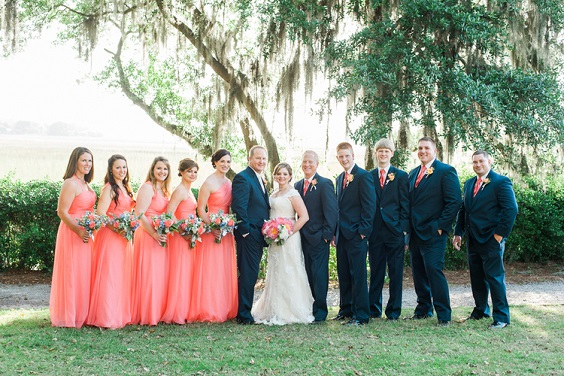 white bridal gown navy men suit coral bridesmaid dresses for navy blue and coral wedding color navy coral outdoor