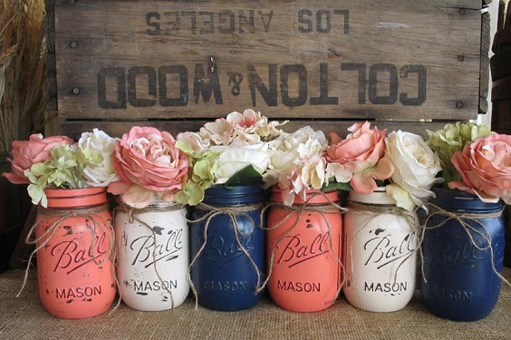 coral navy and white mason jar centerpieces with flowers for navy blue and coral wedding color navy coral rustic