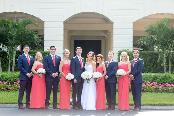 navy men suits coral bridesmaid dresses white bridal gown for navy blue and coral wedding color navy coral rustic