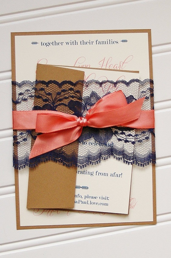 navy wedding invitation with coral sash for navy blue and coral wedding color navy coral rustic