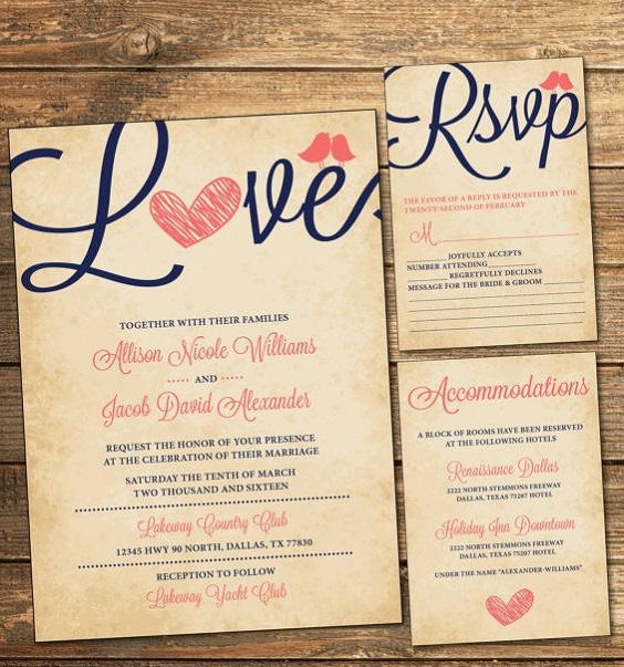 wood color wedding invites with navy and coral letters for navy blue and coral wedding color navy coral rustic