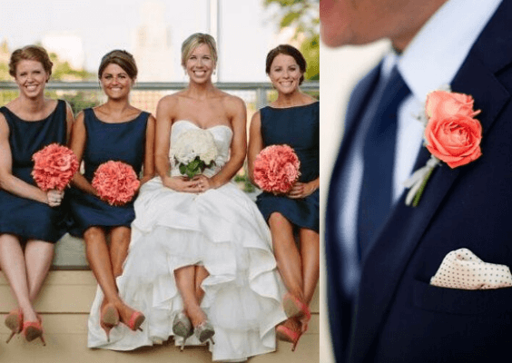 navy bridesmaid dresses coral bouquet navy men suit with coral boutonniere for navy blue and coral wedding color navy coral summer
