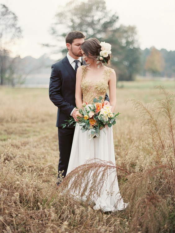 black groom suit gold bridal gown for fall black and gold wedding