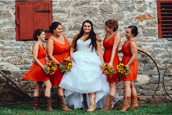 tangerine bridesmaid dresses for fall wedding in country barn