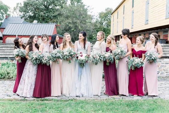 Colors Wedding | Spring Country Barn Wedding, Mismatched Bridesmaid Dresses